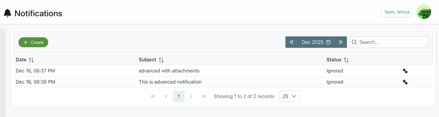 Notifications list page showing all sent notifications