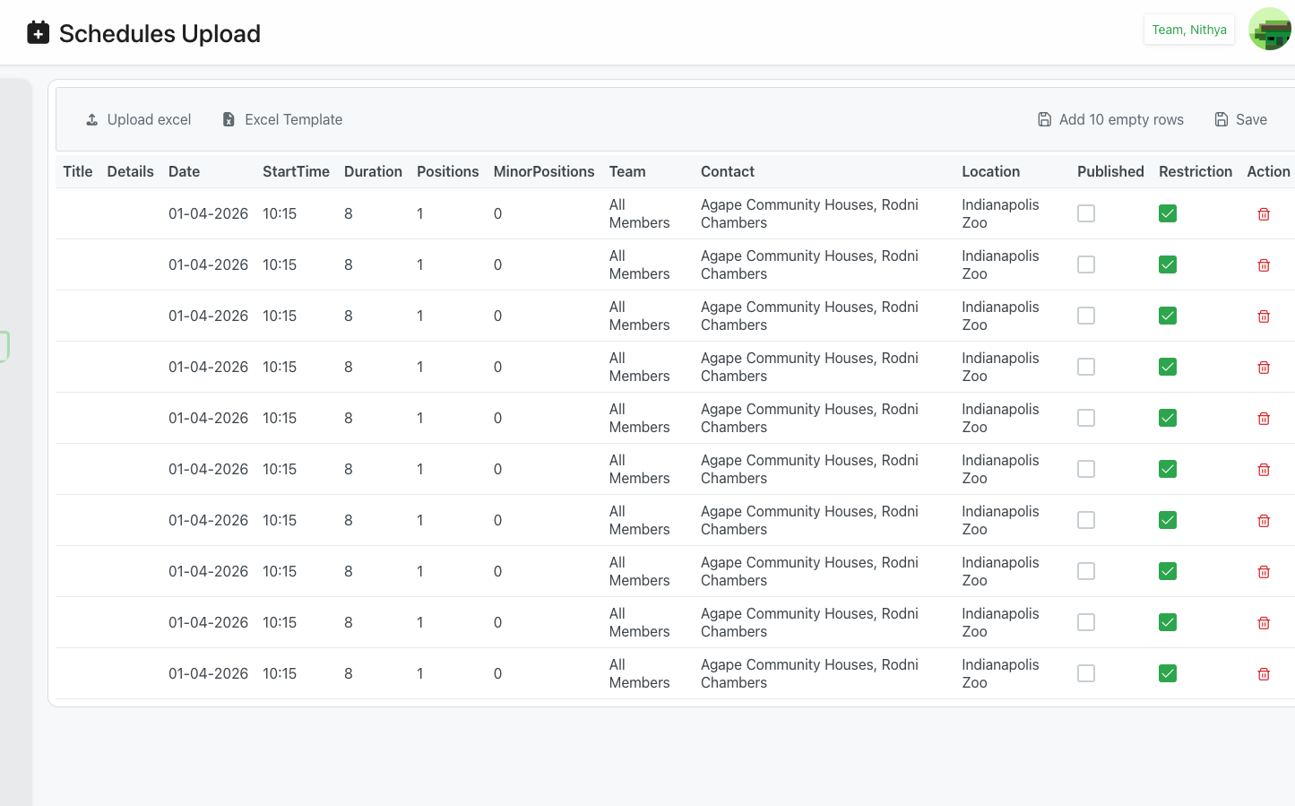 Bulk Schedule Upload page with uploaded events