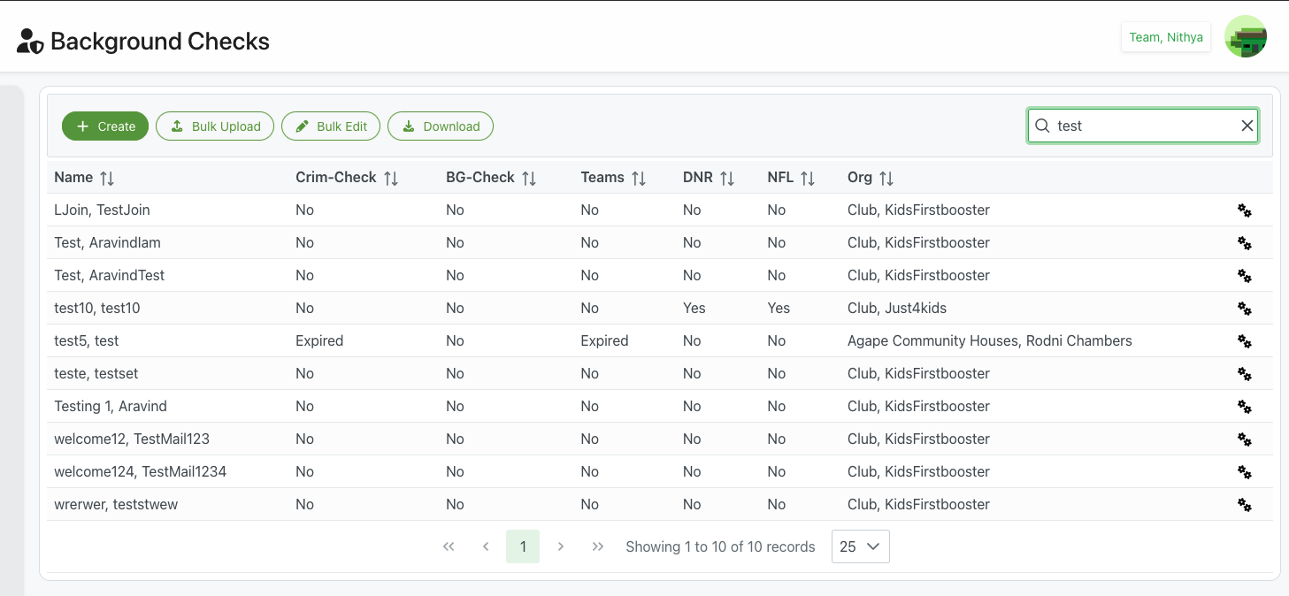 Background checks list showing member compliance status