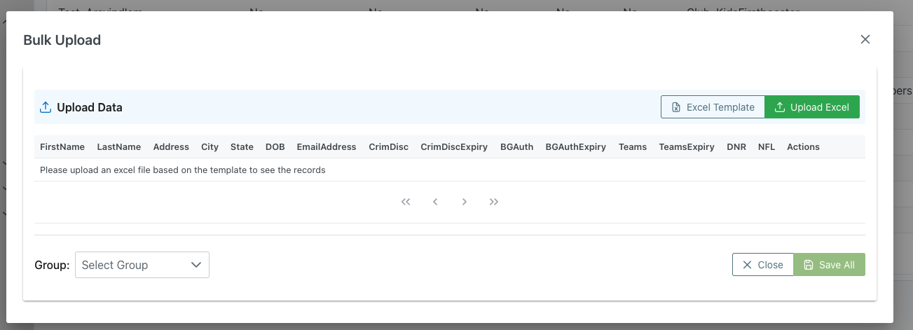 Bulk Upload dialog showing Excel template and upload interface