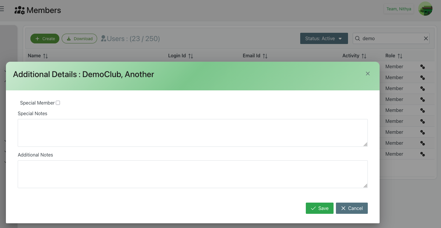 Additional Details dialog showing special notes and additional notes fields