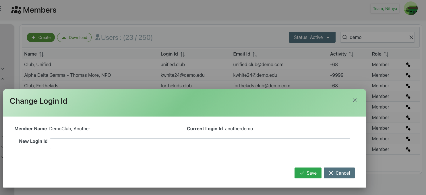 Change Login Id dialog showing current and new login id fields