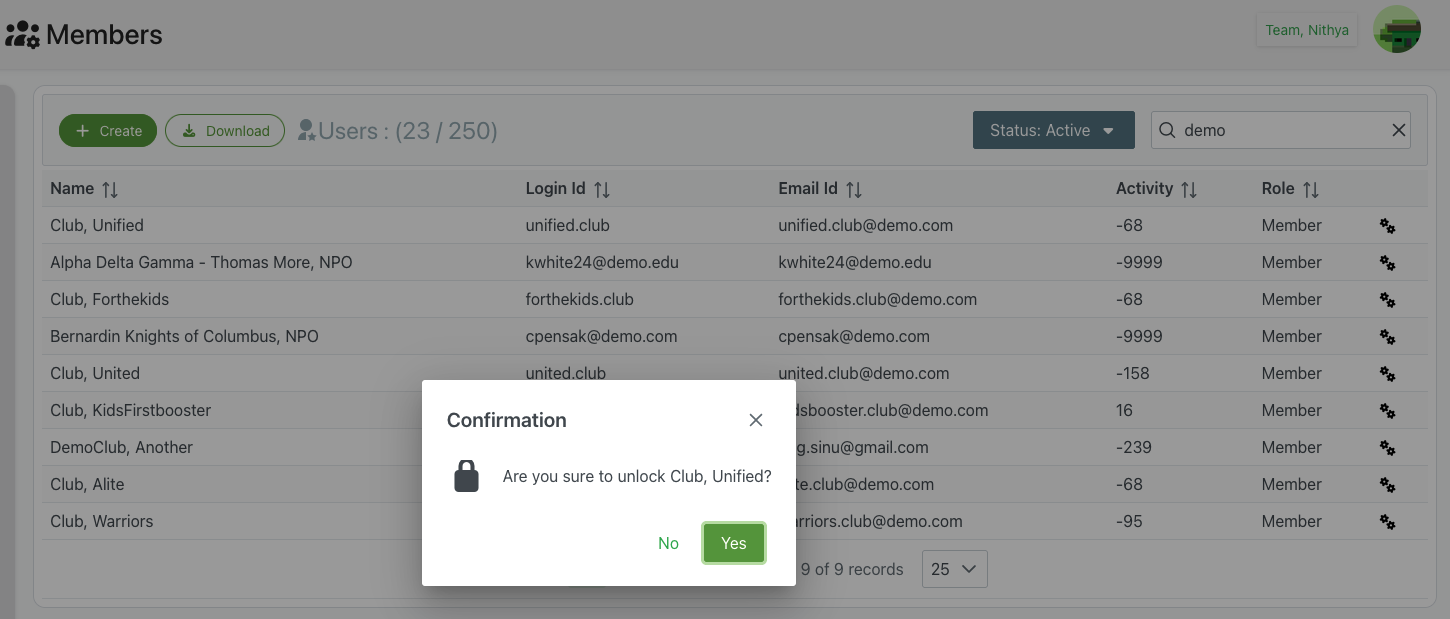 Unlock account confirmation dialog asking to confirm unlocking the member