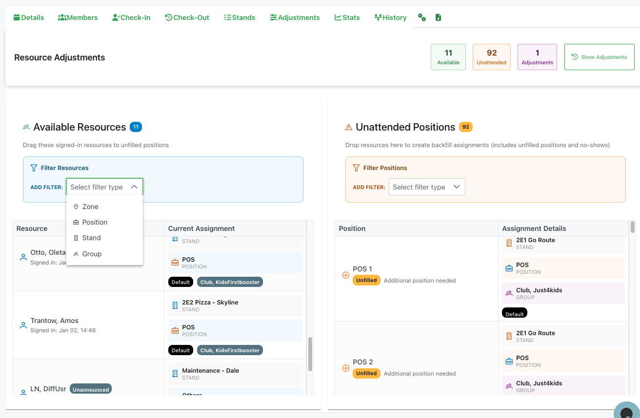 Adjustments tab showing available resources and unattended positions